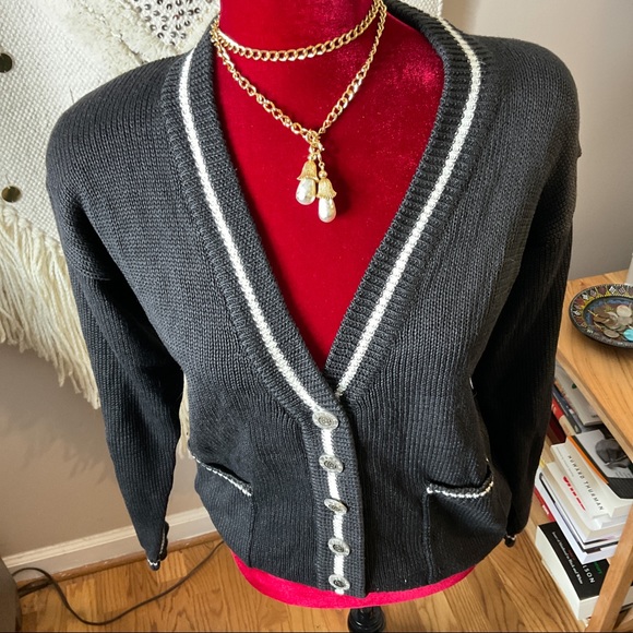 Vintage 80s Betty Blue Button Down Cardigan Black White Sweater Size S Hong Kong - Picture 2 of 10